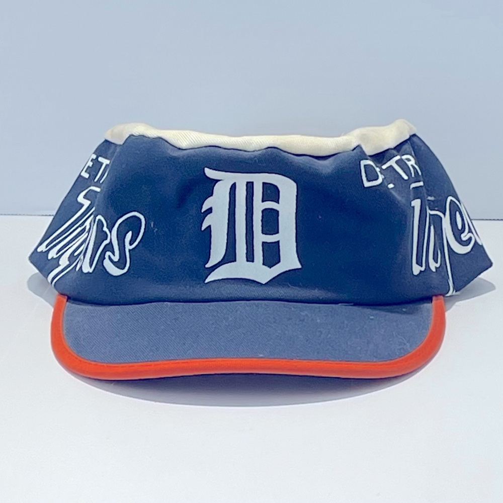 Vtg DETROIT TIGERS Painters Hat Cap MLB Blue Orange Elastic One Size Stretch